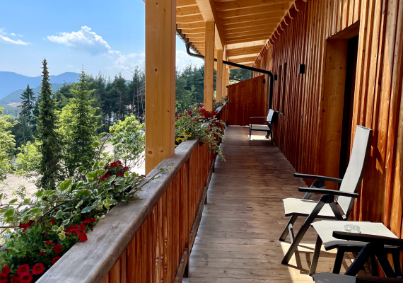 Ein Balkon mit Blick auf majestätische Berge und blühende Blumen