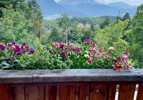 Ein Balkon mit Blick auf majestätische Berge und üppige Bäume in der Umgebung